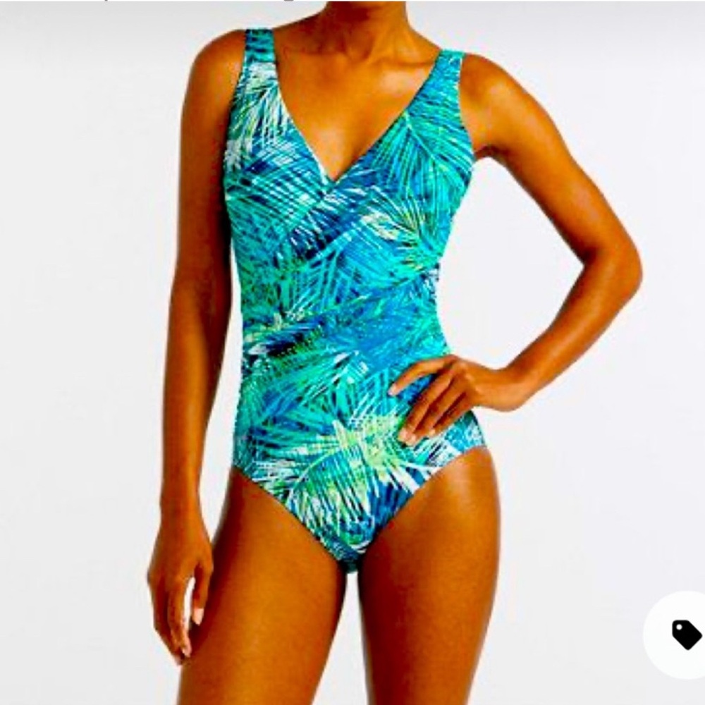 L.L. Bean Blue and Green One Piece Swimsuit with Tropical Print